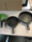 2- cast iron frying pans and porcelain pan