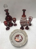 Lot of red glass decanters,glasses and ash tray