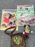 Mickey Mouse figure,Minnie/Mickey mouse purse and 2- puzzles