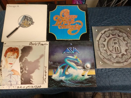 Five record albums including Asia, Chicago, David Bowie, and bachmann Turner overdrive