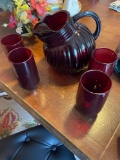 Vintage Ruby pitcher with four goblets