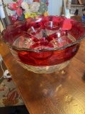 Ruby flash glass punch bowl with 10 Ruby cups
