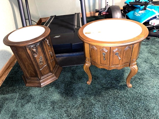 2 Round lamp tables plastic base in basement