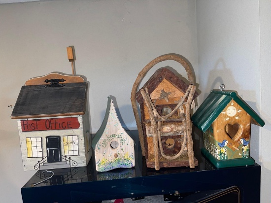 Collection of three craft made bird houses and mailbox