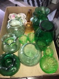 Assorted green glassware/amber bell/candy dish