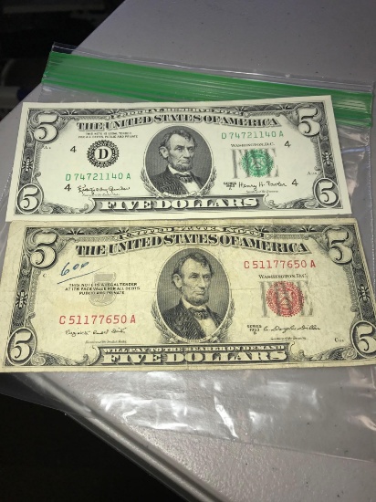 1953 -5.00 Red Seal /1963 5.00 dollar bill