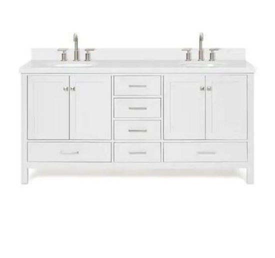 Ariel Cambridge 72 inch sink base white cabinet with 73 inch marble countertop