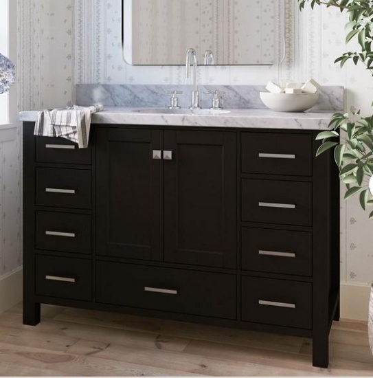 Ariel Cambridge 54 inch single sink base cabinet and espresso and 55 inch Carrara White countertop