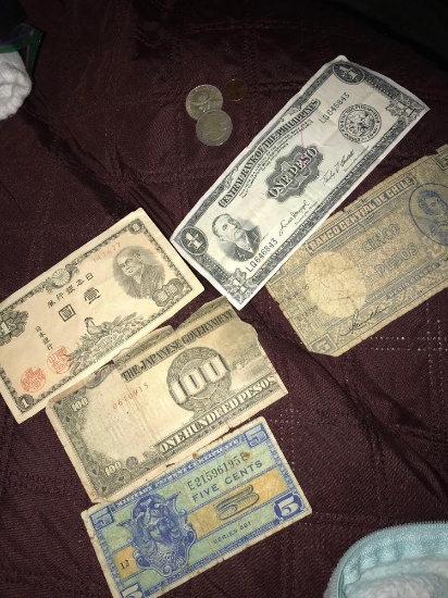 foreign paper money and coins