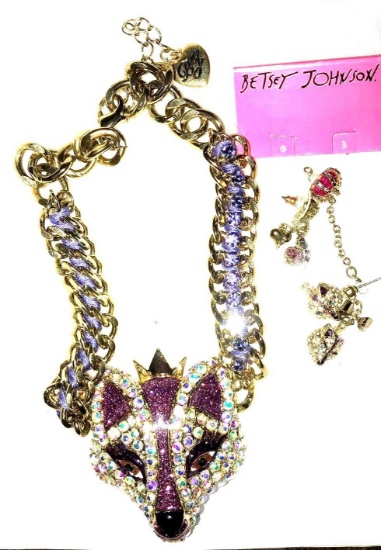 Betsey Johnson rhinestones wolf necklace/ matching earrings