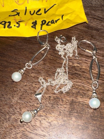 Pearl necklace and earrings marked 92.5.