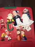 2- dolls and vintage Christmas ornaments