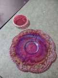 carnival glass plate and a candy dish