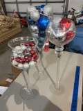 3 tall Christmas bulbs in glass vase centerpiece