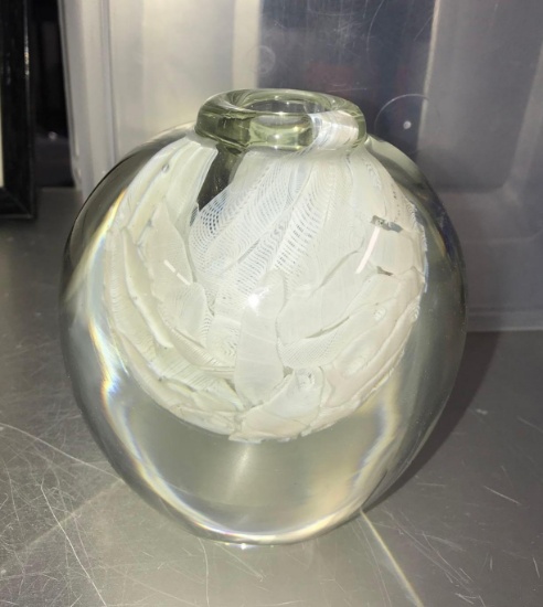 Orient & Flume crystal cased white upset muslin 5 in vase no. CP 1983 A 85 designer L. Hudin