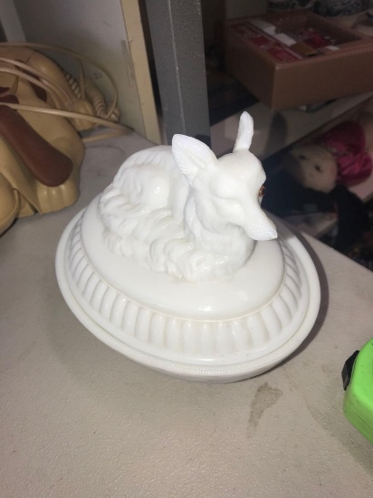 Westmoreland wolf milk glass covered dish
