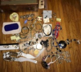 wooden jewelry box with costume jewelry/belts/purses