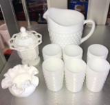 Westmoreland candy dish/milk glass pitcher/glasses