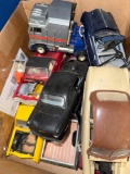 three boxes, vintage model cars missing parts
