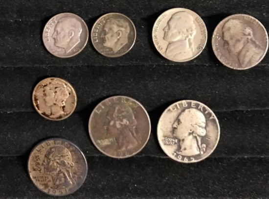 3- silver quarters -3- silver dimes-2- wartime nickels