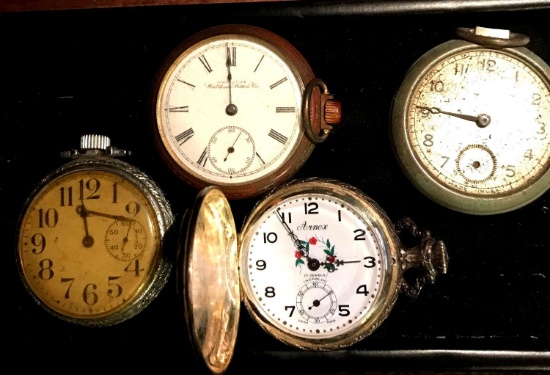 4- pocket watches westclock-Waltham-Arnex17 Jewel-Elgin as-is