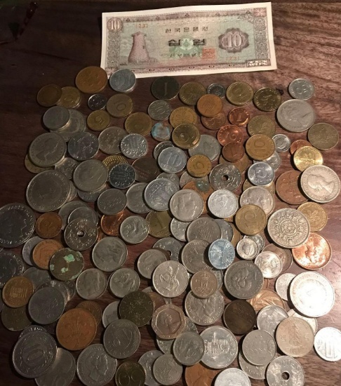 Foreign paper bill & 140 foreign coins