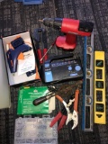 Assorted tools-flashlight-glue gun-drill-pliers-saw blades-nuts-levels