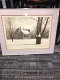 Framed signed picture 32 in x 26 in -glass is broke in corner
