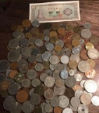 Foreign paper bill & 140 foreign coins