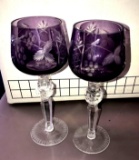 2- Etched amethyst & clear wine stem glasses