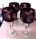 4- Ruby Red cut to clear crystal stemmed glasses