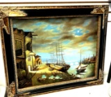 Antique framed Signed night dock canvas picture Henii Piter 29 inch x 26 inch