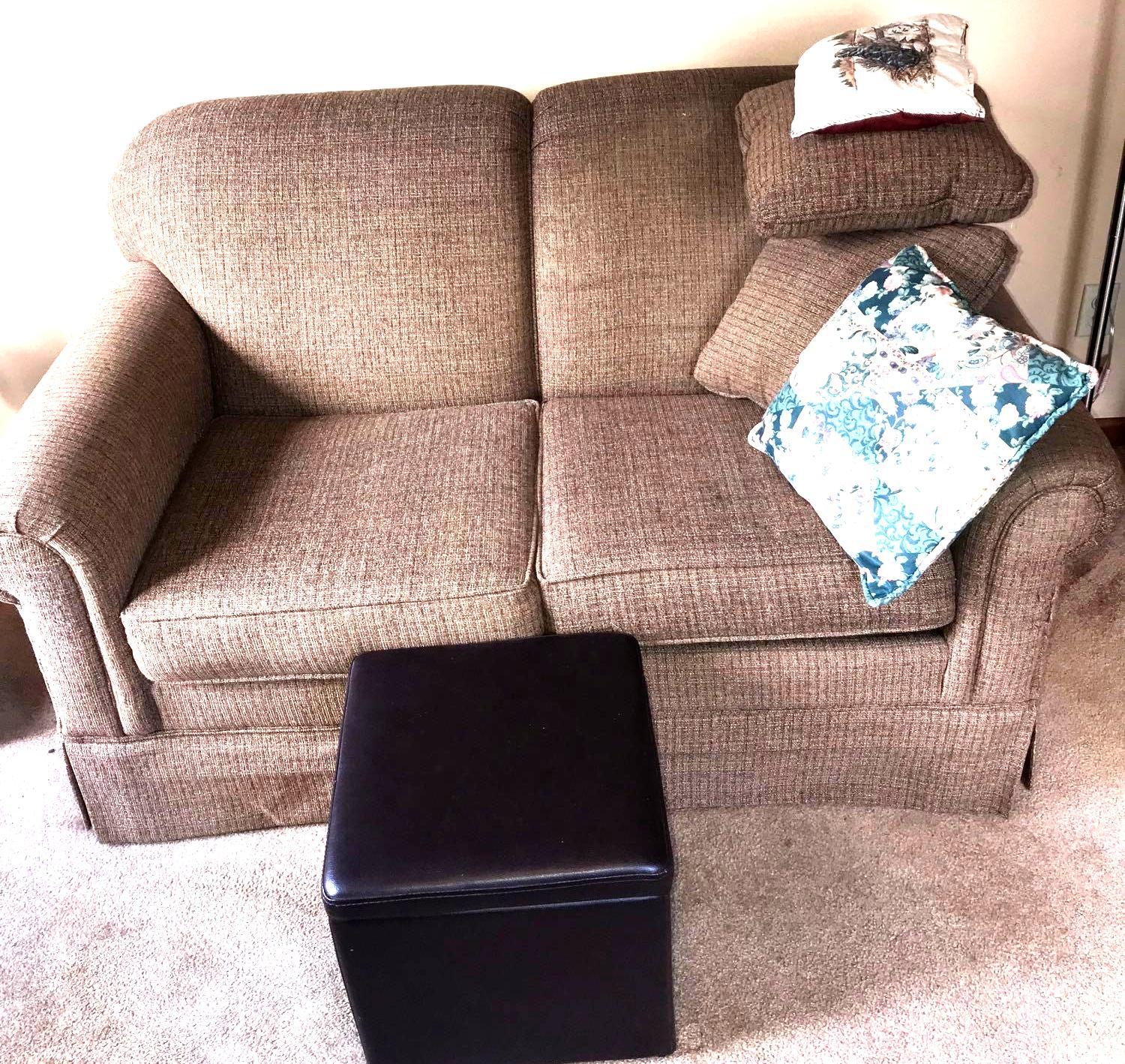Brown love seat with ottoman /pillows Proxibid
