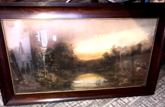 Sawinski Artist, Antique framed landscape signed picture 38 in x 22 in
