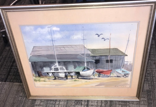 Ernest W Spring, Artist, Framed signed boats picture 27 in x 22 in