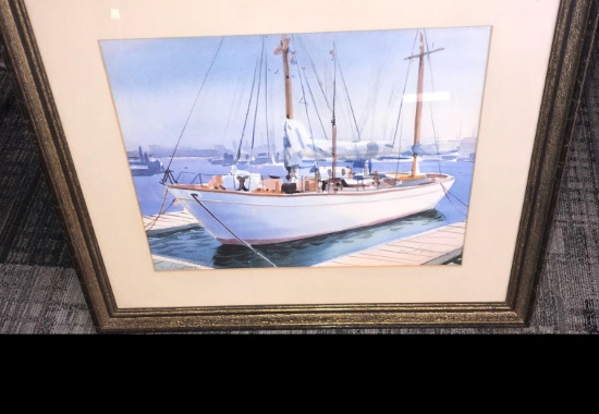 Framed signed boat picture 26 in x 24 in