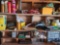Contents of shelves on wall.