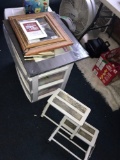 2- step stools/plastic container with kids toys/frames