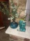 Art glass vase with artificial flowers/head figure needs repair/vase -pool room