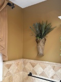 artificial greenery wall decor and curtain - bathroom
