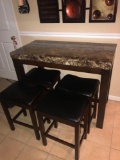 brown /black swirl top-Table with 4- stools 47 inch across x 24 inch 3ft high-apartment