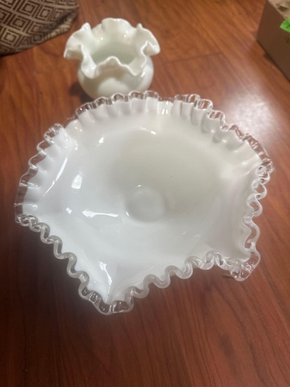 Fenton ruffled dish/milk glass vase/fenton hobnail