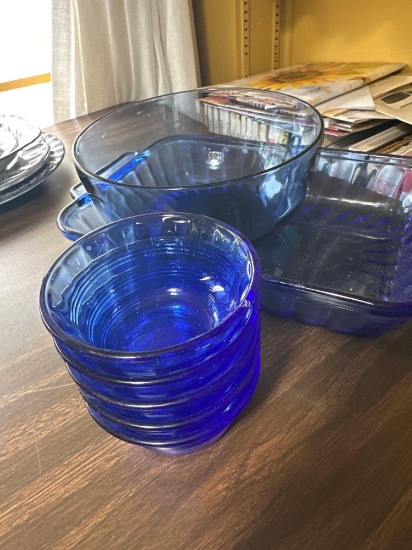 7- blue glass dishes