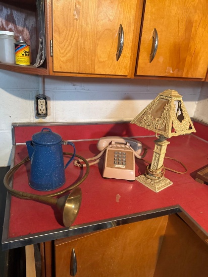 Blue Enamelware Tea pot Horn Phone and lamp Basement