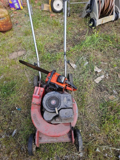 Push lawn mower and chainsaw