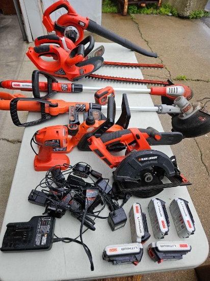 Black and decker, twenty volt yard tool lot with batteries in charger