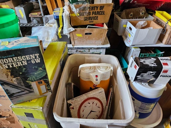 Miscellaneous lot,lantern,bird clock,punch,cooler and more