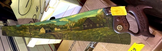wooden Handle Saw with Cabin Painted