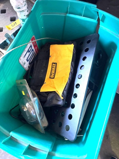 Tote of miscellaneous license plate DeWalt bag and more