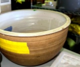 pottery bowl small chips around top & the pampered chef 8 inch mini baker dish